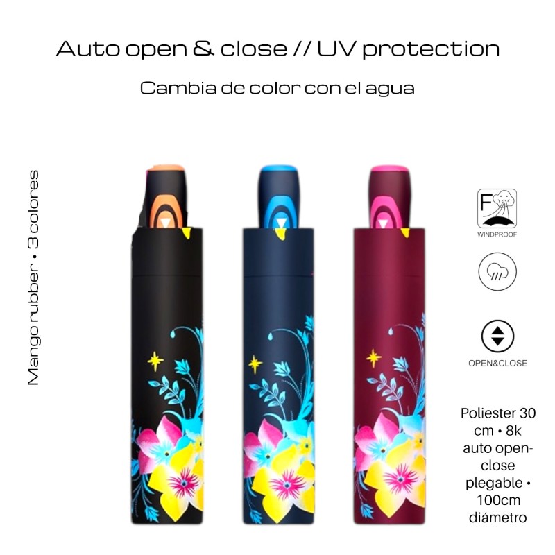 PARAGUAS PLEGABLE AUT. CAMBIO COLOR FLOWERS 3 COL PARAGUAS PLEGABLE AUT. CAMBIO COLOR FLOWERS 3 COL