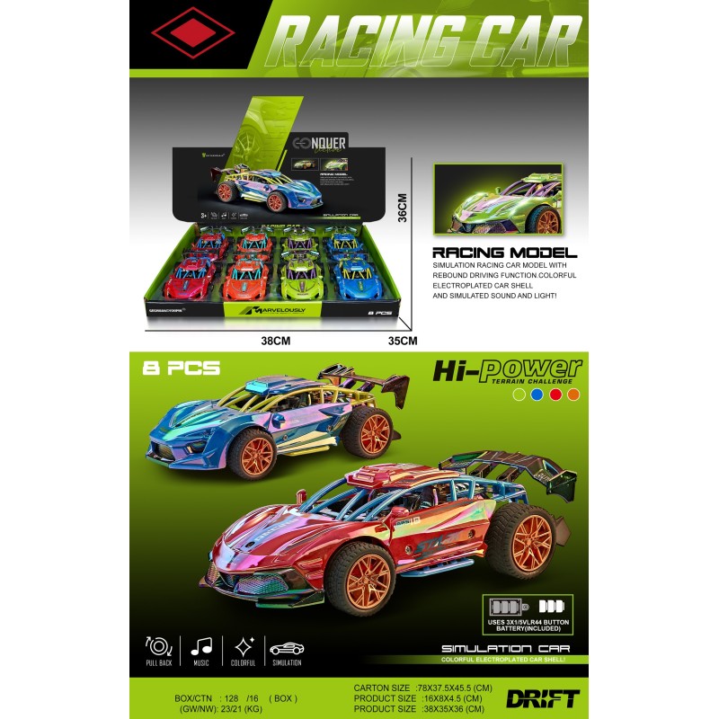 EXP.8 COCHES CARRERA PULL BACK LUZ Y SONIDO,4 COL EXP.8 COCHES CARRERA PULL BACK LUZ Y SONIDO,4 COL