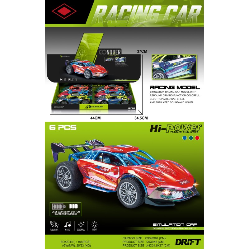 EXP.6 COCHES CARRERA PULL BACK LUZ Y SONIDO,3 COL EXP.6 COCHES CARRERA PULL BACK LUZ Y SONIDO,3 COL