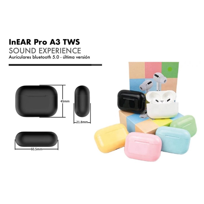 AURICULARES InEar PRO A3 BLUETOOHT 5.0,6 COLORES 6 x 4,3 x 2 cm. AURICULARES InEar PRO A3 BLUETOOHT 5.0,6 COLORES 6 x 4,3 x 2 cm.