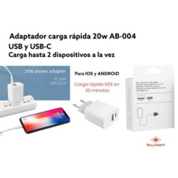 ADAPTADOR CARGA RAPIDA 20W USB Y USB-C DOBLE 9 x 6,8 x 3,0 cm ADAPTADOR CARGA RAPIDA 20W USB Y USB-C DOBLE 9 x 6,8 x 3,0 cm