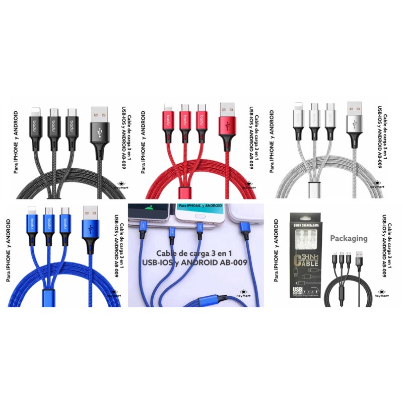 CABLE DE CARGA 3 EN 1 PARA IOS Y ANDROID NEGRO 2,15 x 7,8 x 2,3 cm CABLE DE CARGA 3 EN 1 PARA IOS Y ANDROID NEGRO 2,15 x 7,8 x 2,3 cm