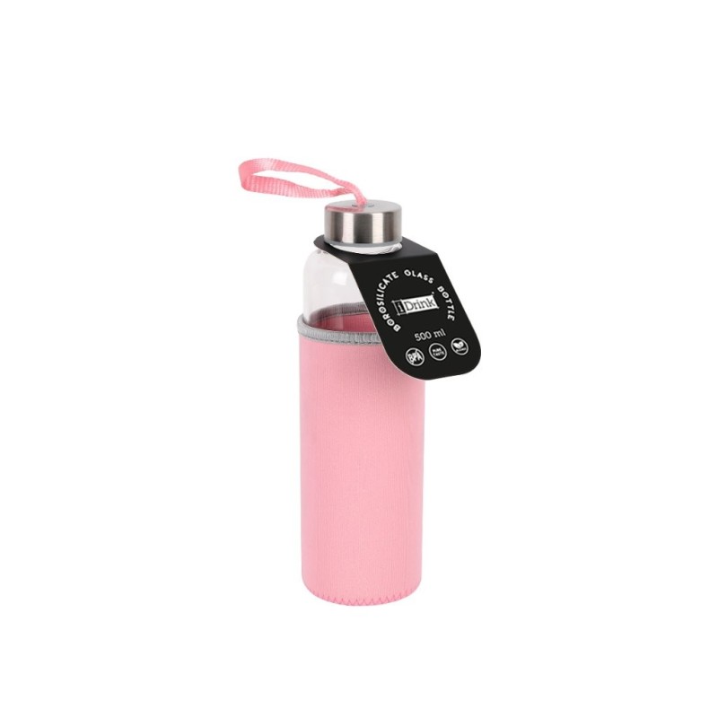 Botella de borosilicato 500 ml con funda rosa en neopreno Botella de borosilicato 500 ml con funda rosa en neopreno