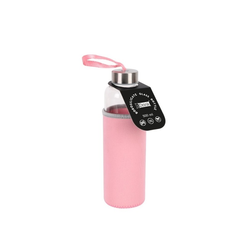 Botella de borosilicato 500 ml con funda rosa en neopreno Botella de borosilicato 500 ml con funda rosa en neopreno