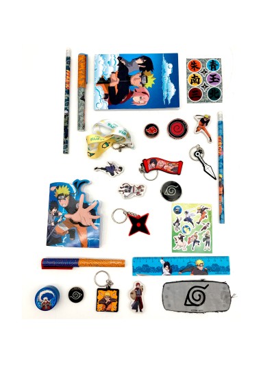 DISPONIBLE ABRIL 2023   Naruto Set de Papelería. Surprise Set 24 regalitos 1 detrás de cada ventanita. 1 Libreta pequeña