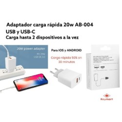 ADAPTADOR CARGA RAPIDA 20W USB Y USB-C DOBLE 9 x 6,8 x 3,0 cm