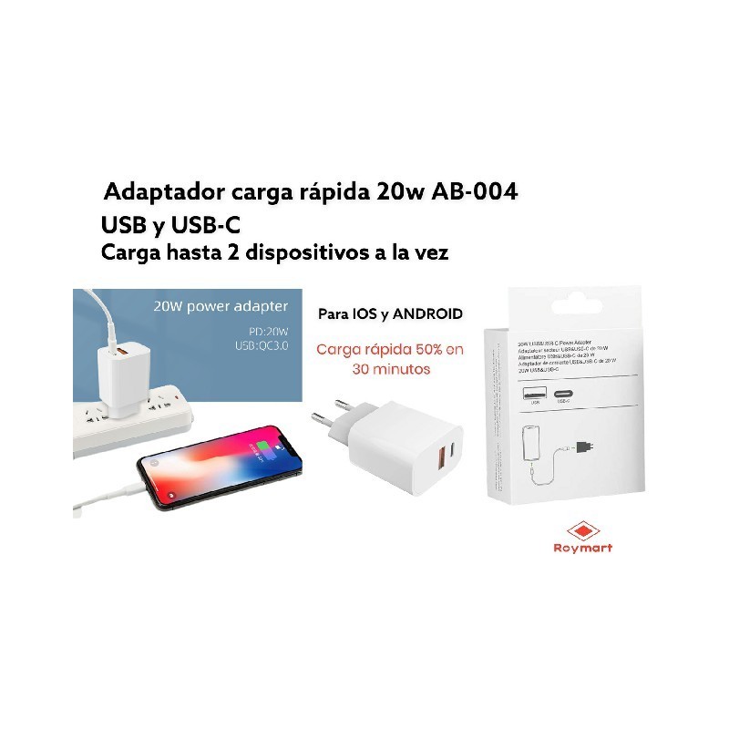 ADAPTADOR CARGA RAPIDA 20W USB Y USB-C DOBLE 9 x 6,8 x 3,0 cm ADAPTADOR CARGA RAPIDA 20W USB Y USB-C DOBLE 9 x 6,8 x 3,0 cm