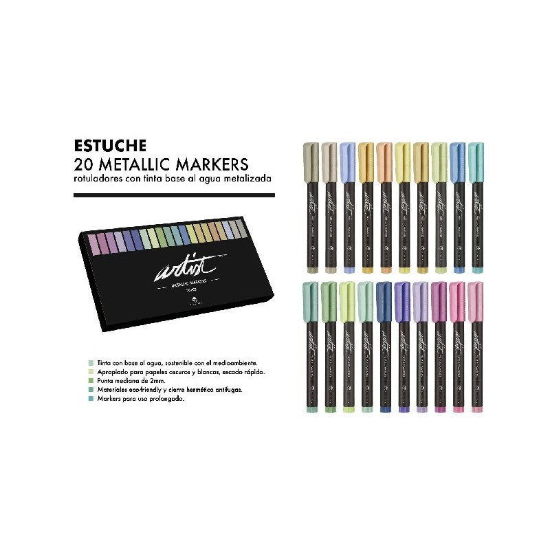 ESTUCHE 20 METALLIC MARKERS GAMA ARTIST 14,3 x 13,6 x 1,75 cm.