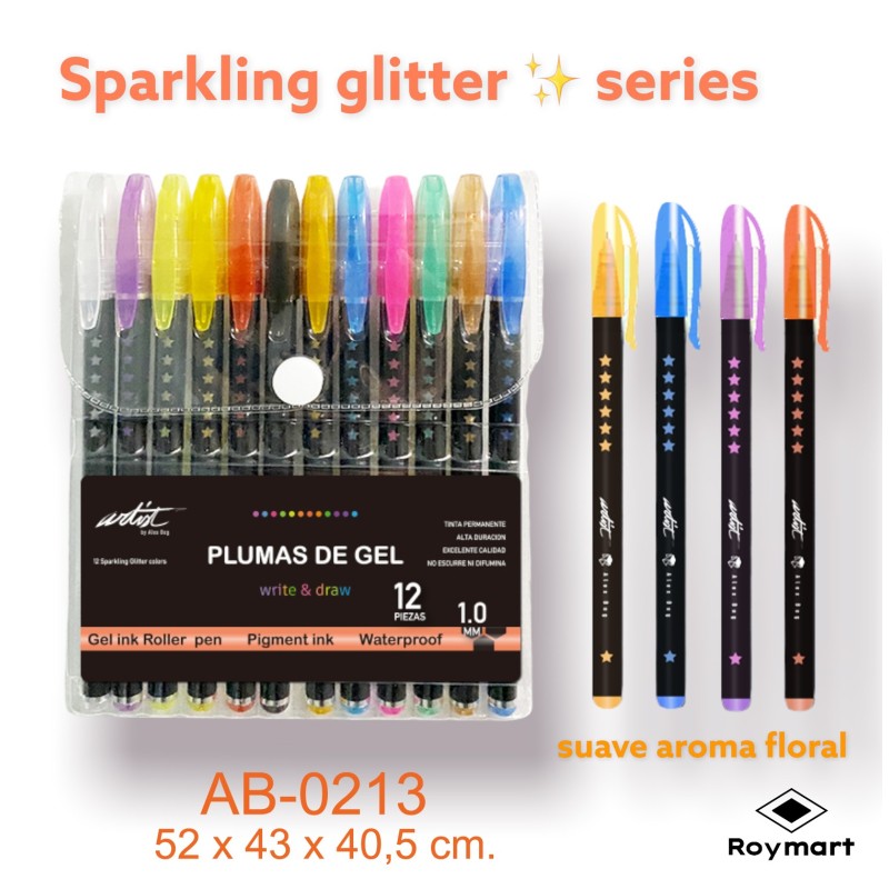 12 PLUMAS GEL INK GLITTER ARTIST 15 x 12 cm. 12 PLUMAS GEL INK GLITTER ARTIST 15 x 12 cm.