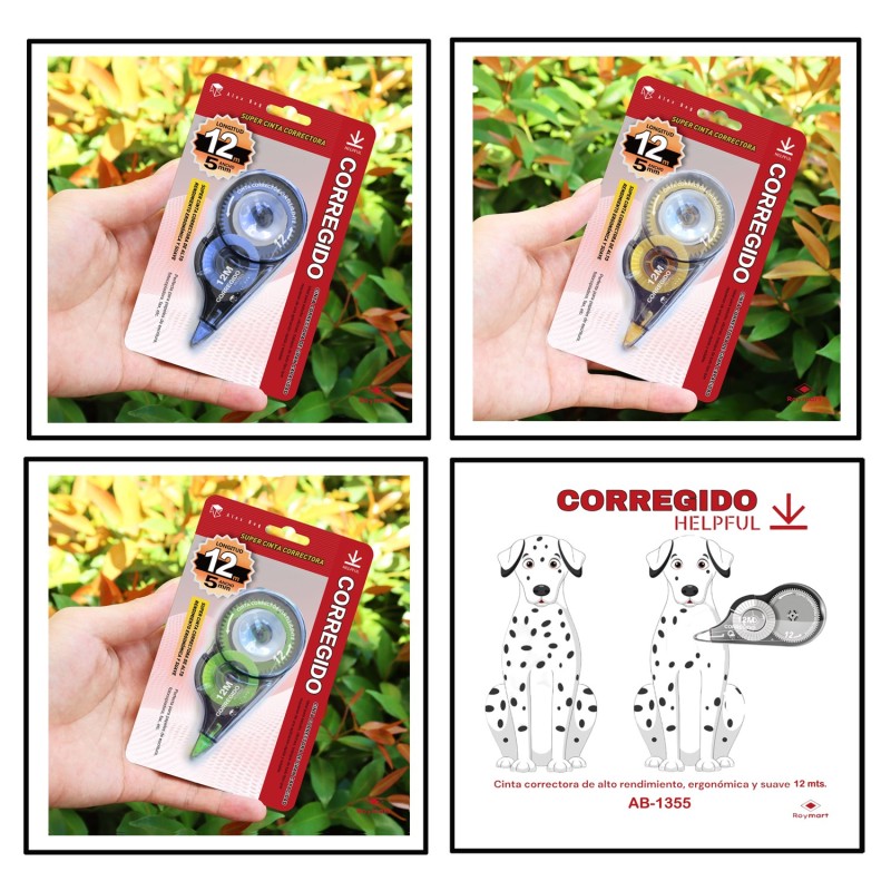 CINTA CORRECTORA CORREGIDO 12 MTS.,3 COLORES 9,7 x 15,6 cm. CINTA CORRECTORA CORREGIDO 12 MTS.,3 COLORES 9,7 x 15,6 cm.