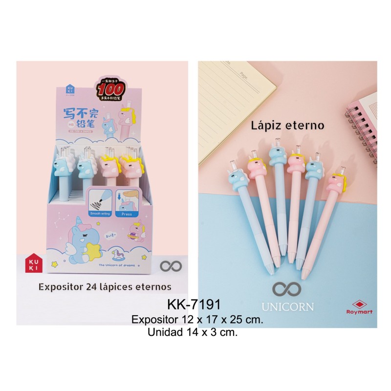 EXP.24 LAPICES INFINITOS UNICORNIO Exp: 16,8 X 12,5 X 25 cm. Und: 14,5 x 2,5 x 2 cm. EXP.24 LAPICES INFINITOS UNICORNIO Exp: 16,8 X 12,5 X 25 cm. Und: 14,5 x 2,5 x 2 cm.