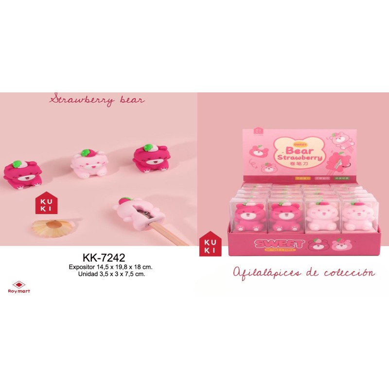 EXP.24 AFILALAPICES STRAWBERRY BEAR Exp: 20 x 14,5 x 18 cm. Und: 3,5 x 3 x 7,5 cm. EXP.24 AFILALAPICES STRAWBERRY BEAR Exp: 20 x 14,5 x 18 cm. Und: 3,5 x 3 x 7,5 cm.