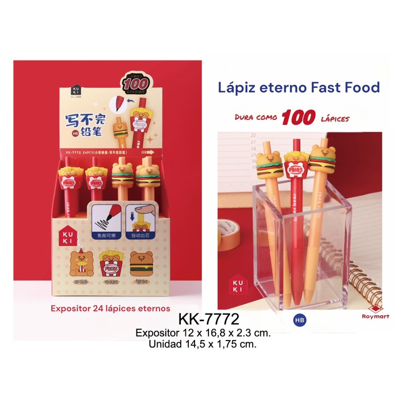 EXP.24 LAPICES INFINITOS FAST FOOD Exp: 16,8 X 12,5 X 25 cm. Und: 14,5 x 2,5 x 2 cm. EXP.24 LAPICES INFINITOS FAST FOOD Exp: 16,8 X 12,5 X 25 cm. Und: 14,5 x 2,5 x 2 cm.