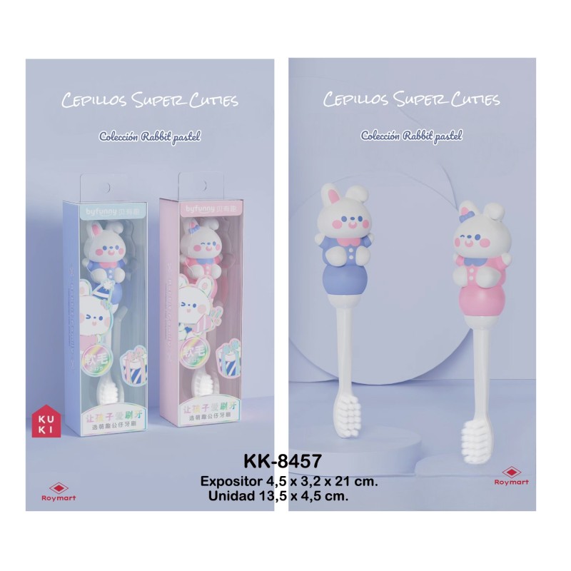 PACK 12 CEPILLOS DE DIENTES RABBIT FAMILY Expositor 4,5 x 3,2 x 21 cm. Unidad 13,5 x 4,5 cm.