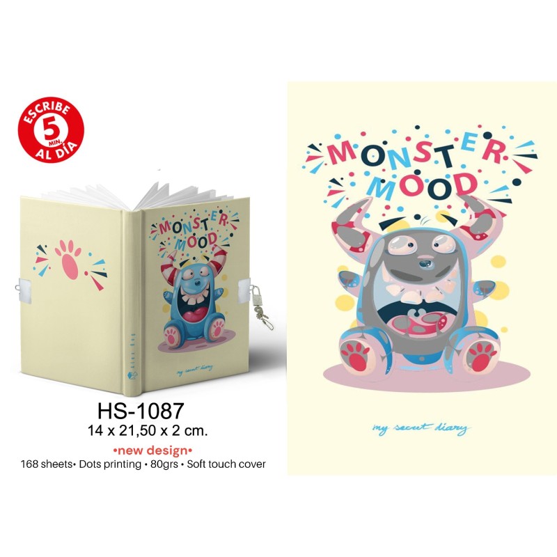 DIARIO A5 168H.C/CANDADO MONSTER MOOD 14 x 21,50 x 2 cm. DIARIO A5 168H.C/CANDADO MONSTER MOOD 14 x 21,50 x 2 cm.
