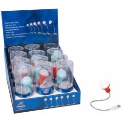 EXP.12 BOMBILLAS USB LECTURA LUCES LED,2 COL. Expositor :32 x 32 x 26cm Und: 34 x 3 cm