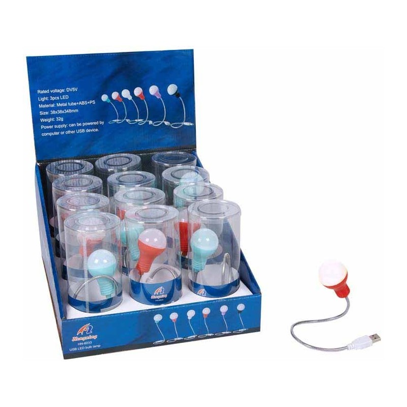 EXP.12 BOMBILLAS USB LECTURA LUCES LED,2 COL. Expositor :32 x 32 x 26cm Und: 34 x 3 cm EXP.12 BOMBILLAS USB LECTURA LUCES LED,2 COL. Expositor :32 x 32 x 26cm Und: 34 x 3 cm