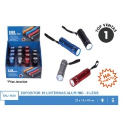 EXP.16 LINTERNAS ALUM.9 LEDS,4 COL.METALICOS Exp: 23 x 18 x 19 cm Unidad: 9 x 2,5 diametro cm