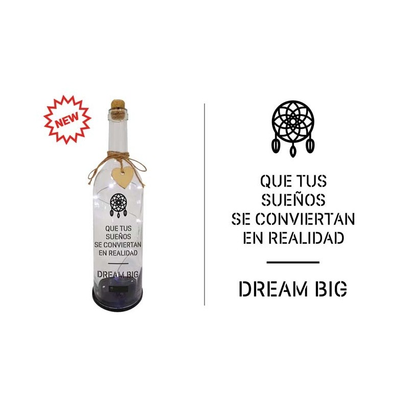 BOTELLA C/LUCES LED Y MENSAJE, QUE TUS SUEÑOS... Caja: 8,3 x 8,5 x 30,5cm Botella: 29,5 x 8 x 8 cm BOTELLA C/LUCES LED Y MENSAJE, QUE TUS SUEÑOS... Caja: 8,3 x 8,5 x 30,5cm Botella: 29,5 x 8 x 8 cm