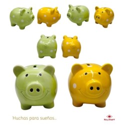 HUCHA CERDITO PEQUEÑA VERDE Y AMARILLO 15 x 11,5 x 11,5 cm.