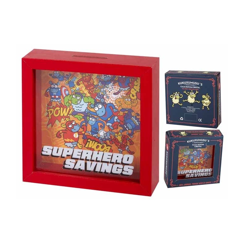 HUCHA MADERA KUKUXUMUXU SUPERHERO 18 x 18 x 5 cm. HUCHA MADERA KUKUXUMUXU SUPERHERO 18 x 18 x 5 cm.