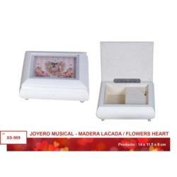 JOYERO MUSICAL LACA BLANCO HEART OF FLOWERS- 6 x 11,5 x 14 cm