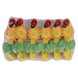 PACK DE 6 PINZAS AMARILLAS C/GIRASOL Y MARIQUITA Blister: 5 x 10,5 x 1 cm