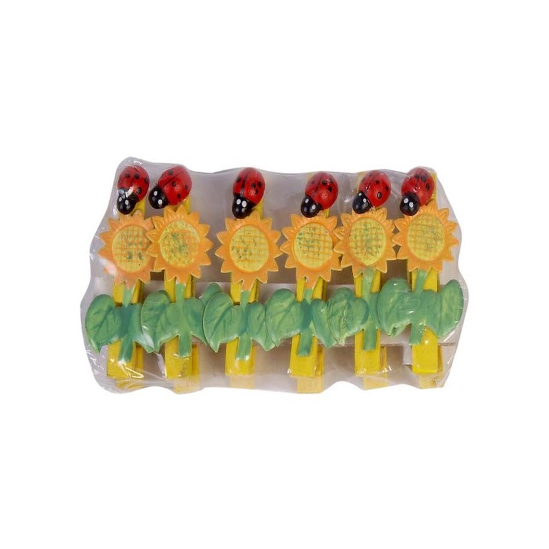 PACK DE 6 PINZAS AMARILLAS C/GIRASOL Y MARIQUITA Blister: 5 x 10,5 x 1 cm PACK DE 6 PINZAS AMARILLAS C/GIRASOL Y MARIQUITA Blister: 5 x 10,5 x 1 cm