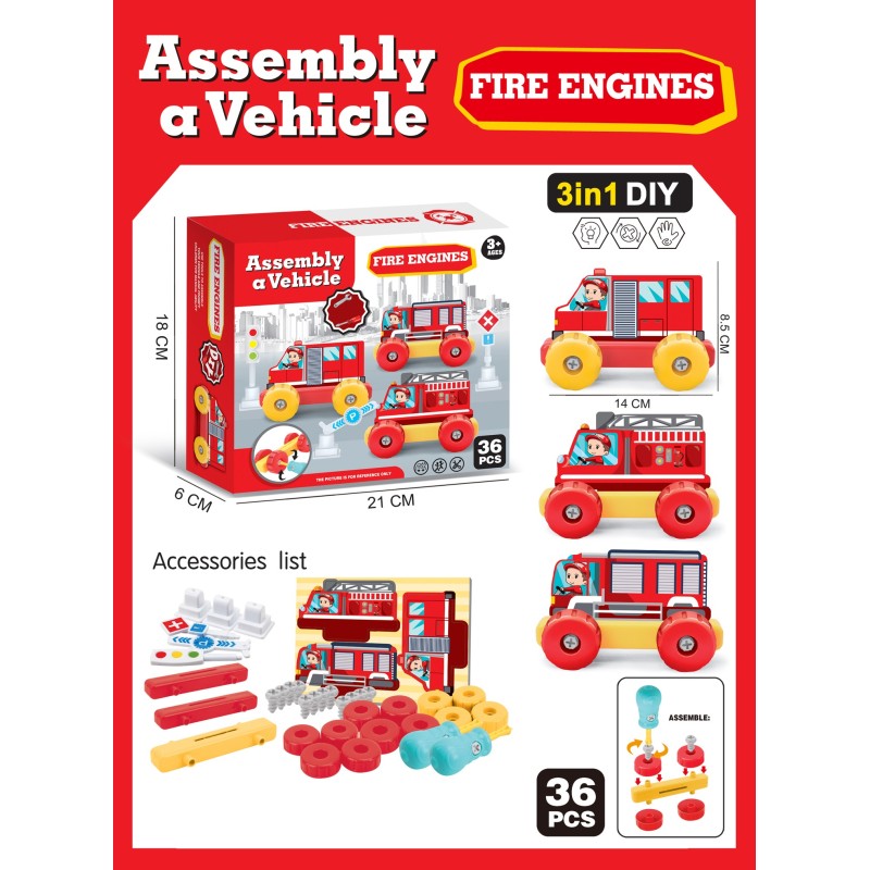 SET EMSAMBLAJE 3 EN 1 VEHICULOS BOMBEROS 36 PZAS. 18 x 6 x 21 cm.