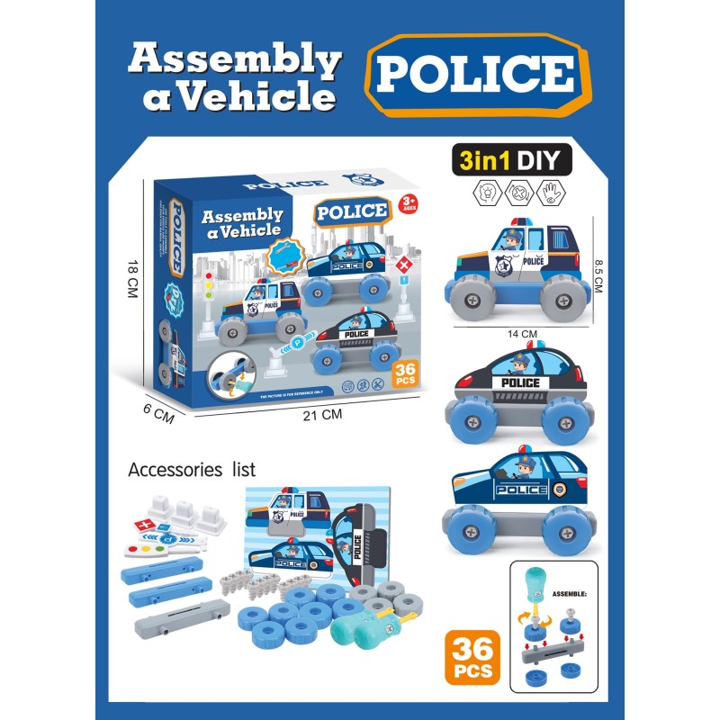 SET EMSAMBLAJE 3 EN 1 VEHICULOS POLICIA 36 PZAS. 18 x6 x 21 cm. SET EMSAMBLAJE 3 EN 1 VEHICULOS POLICIA 36 PZAS. 18 x6 x 21 cm.