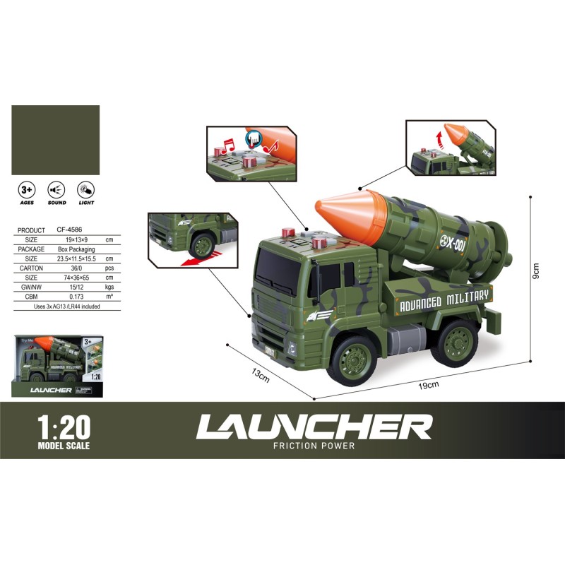 CAMION MILITAR LANZAOBUSES ESC. 1:20 LUZ Y SONIDO 13 x 19 x 9 cm. CAMION MILITAR LANZAOBUSES ESC. 1:20 LUZ Y SONIDO 13 x 19 x 9 cm.