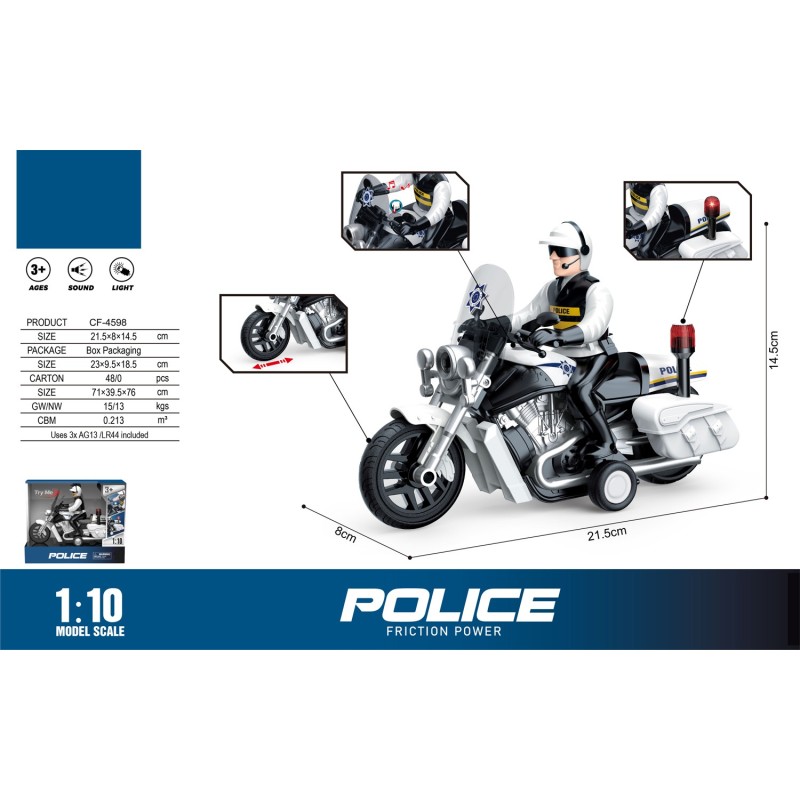 MOTO POLICIA FRICCION ESCALA 1: 10 LUZ Y SONIDO 8 x 21,5 x 14,5 cm. MOTO POLICIA FRICCION ESCALA 1: 10 LUZ Y SONIDO 8 x 21,5 x 14,5 cm.