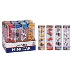 EXP.12 TUBOS PLASTICO CON 4 COCHES ,4 SURT. Exp. 85 x 44 x 56 cm. Unid. 27 x 20,5 x 25 cm.