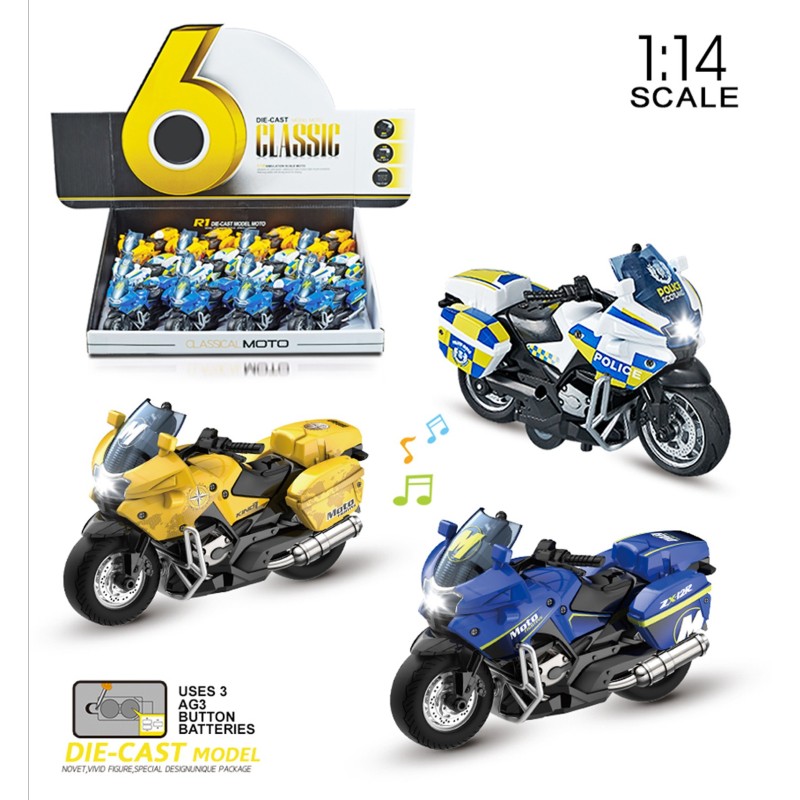 EXP.12 MOTOS ESCALA 1:14   LUZ Y SONIDO ,3 COLORES Exp. 38 x 31 x 9 cm. Unid. 12,5 x 6,3 x 7,5 cm.