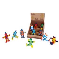 EXP.12 ROBOTS MADERA FLEXIBLES ,COLORES SURTIDOS Exp: 9,5 x 18,5 x 22 Unid: 12 x 4,5 x 5 cm