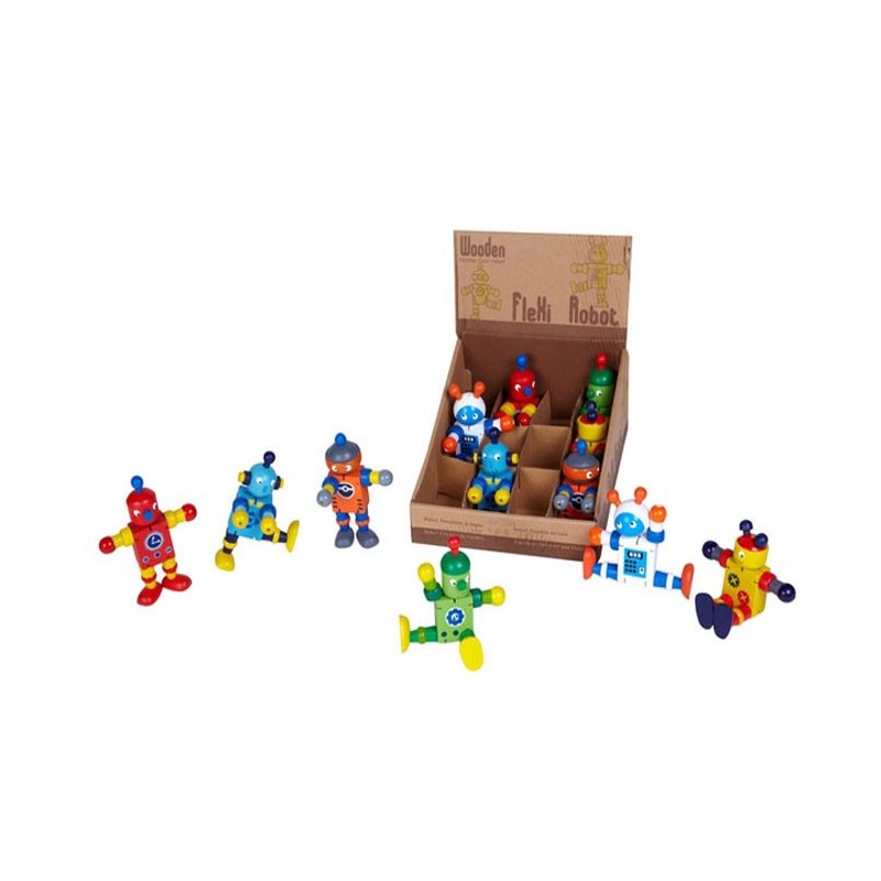 EXP.12 ROBOTS MADERA FLEXIBLES ,COLORES SURTIDOS Exp: 9,5 x 18,5 x 22 Unid: 12 x 4,5 x 5 cm EXP.12 ROBOTS MADERA FLEXIBLES ,COLORES SURTIDOS Exp: 9,5 x 18,5 x 22 Unid: 12 x 4,5 x 5 cm