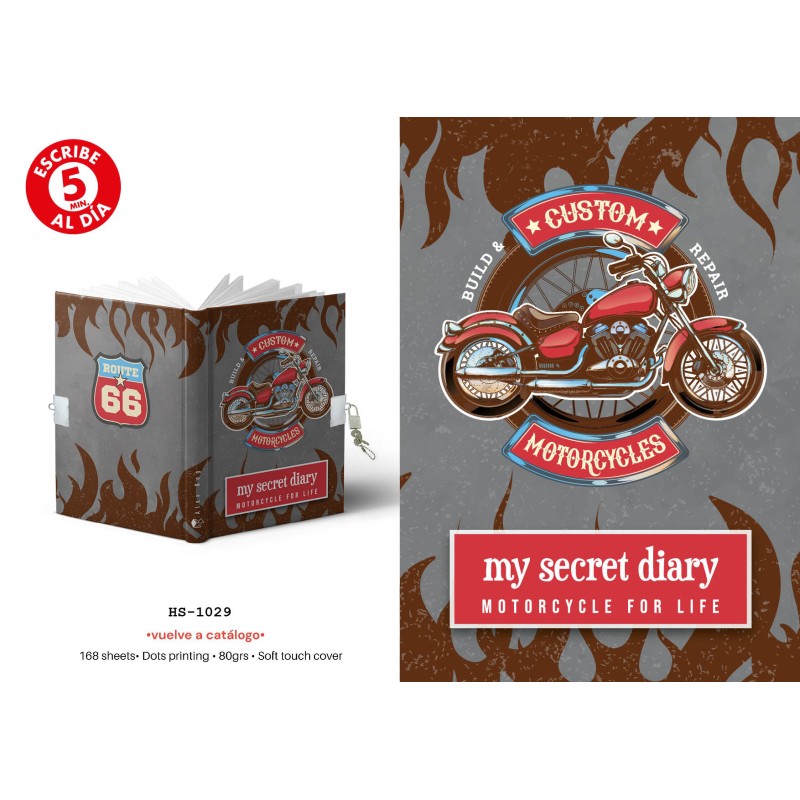 DIARIO TAMAÑO A5 CON CANDADO MOTORCYCLE FOR LIFE 14 x 21,50 x 2 cm.