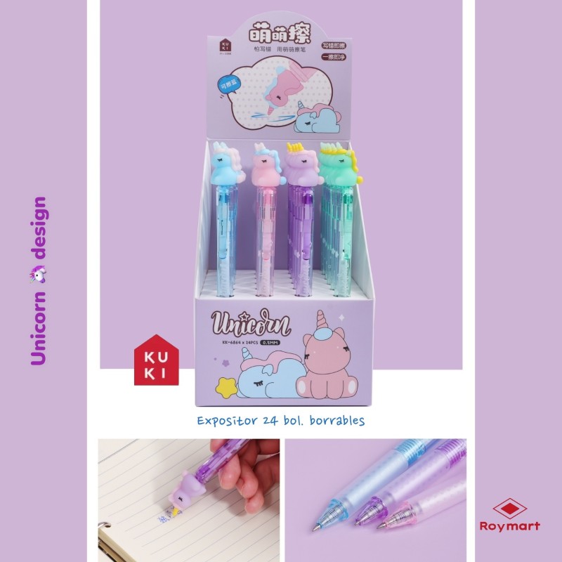 EXP.24 BOLIS TINTA BORRABLE UNICORN Exp. 16,5 X 11,5 X 28  cm. Unid.17,5 x 2,5 x 2 cm.