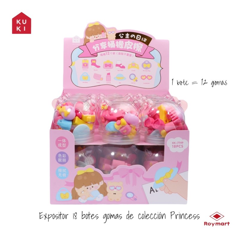 EXP.18 BOTES CON 12 GOMAS BORRAR PRINCESS Exp: 19,50 x 19,3 x 25 cm. Und: 5,5 x 5,5 x 6,5 cm