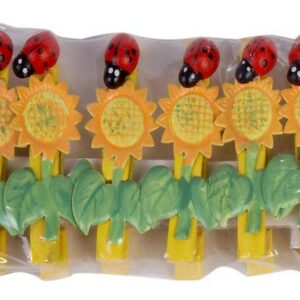 PACK DE 6 PINZAS AMARILLAS C/GIRASOL Y MARIQUITA