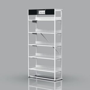 Expositor de madera y metal blanco