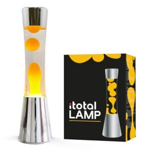 Lámpara de Lava Gravity con Base Plateada, Líquido Transparente y Cera Naranja